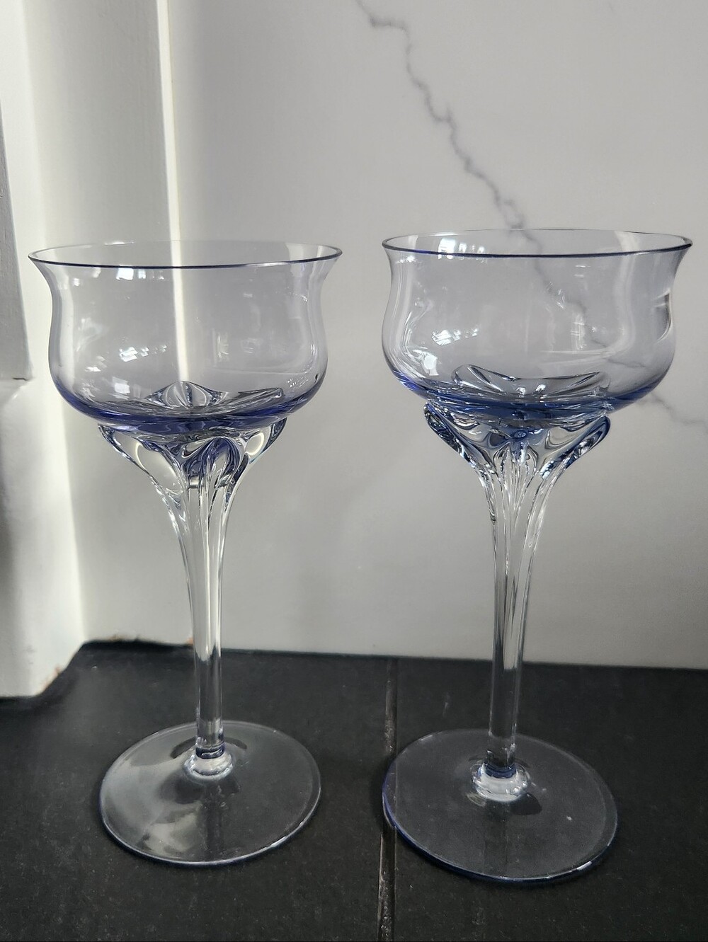 2 Elegant Light Blue Crystal Glasses Believed To Be Schott Zwiezel Of Germany